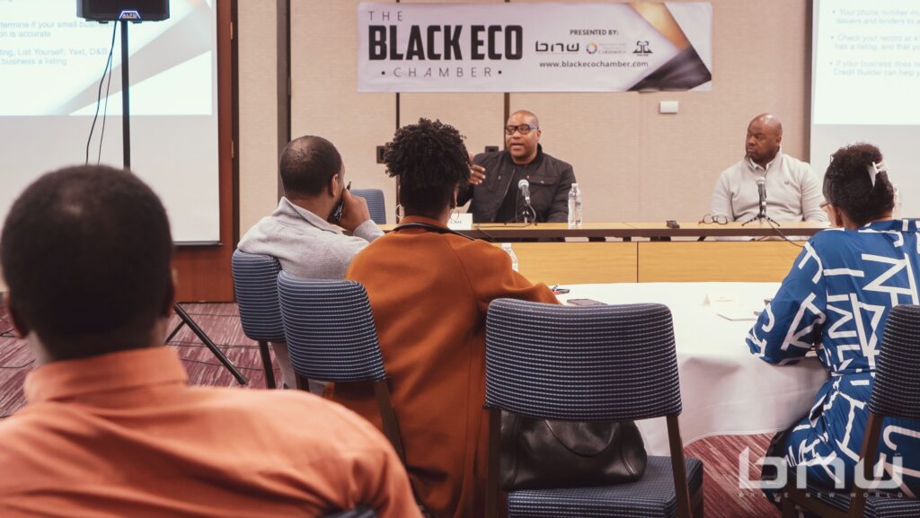 Shyan Selah and Larry Gilmore speak at the Black Eco Chamber Corporate Credit Workshop.