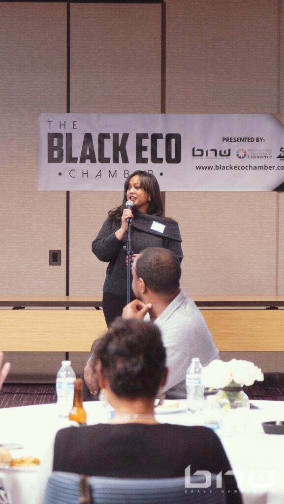 Event Producer Candice Richardson speaks at the Black Eco Chamber Mixer Event in Celebration of Black History Month.