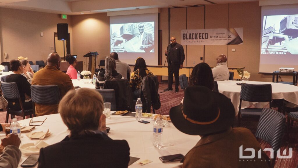 Founder Shyan Selah speaks at the Black Eco Chamber Mixer Event in Celebration of Black History Month.
